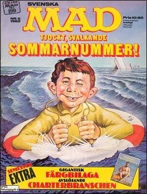 En karikatyr på omslaget av "Svenska Mad" sommarnummer, pojke i badring i havet, text om färgbilaga och charterbranschen.