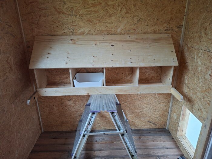 Trähylla med tre fack monterad på OSB-vägg, liten stege nedanför, del av ett hönshus under uppbyggnad.