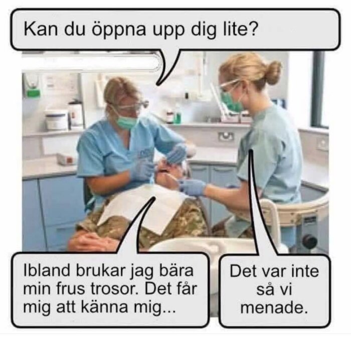 En tecknad serie där en man hos tandläkaren delar personlig information. Tandvårdspersonalen ser överraskad ut.
