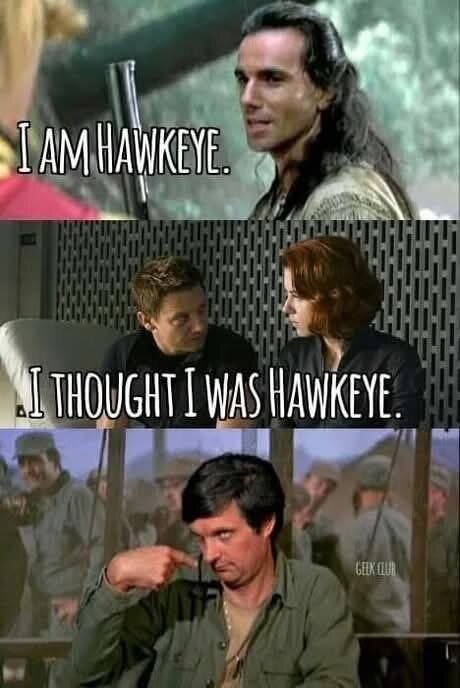 Flera personer i olika scener med text där de diskuterar att vara "Hawkeye".