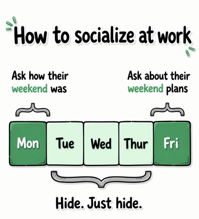 Illustration med veckodagar och text om att socialisera på jobbet; prata om helgen på måndag och fredag, "göm dig" övriga dagar.