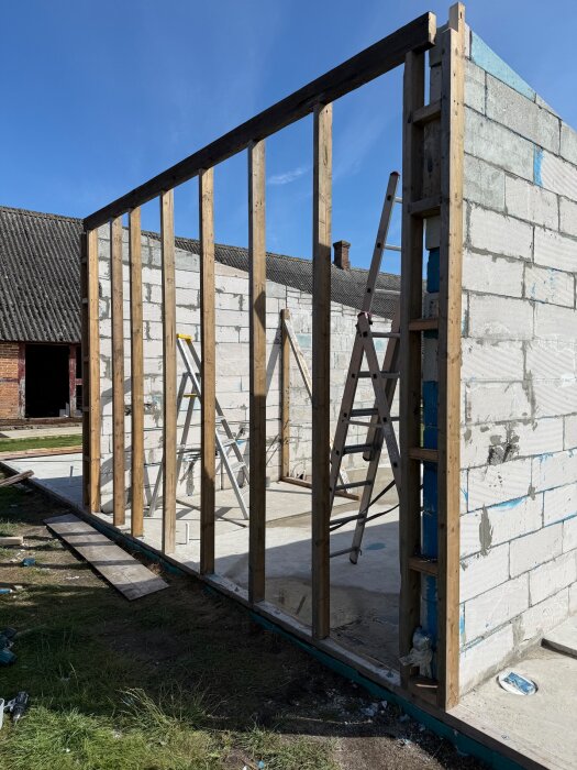 En pågående byggnation med väggstomme av trä, stegar syns inuti och en halvfärdig vägg av betongblock i bakgrunden under klarblå himmel.