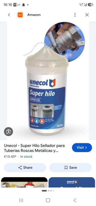 Unecol Super Hilo behållare med bild av produktens användning på VVS-koppling, pris €15,45 visas på Amazon.