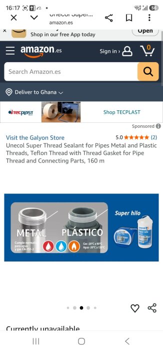 Bild som visar Unecol Super Thread Sealant för metall- och plastgängor, inkluderar temperaturtolerans och produktbild, "Super hilo".