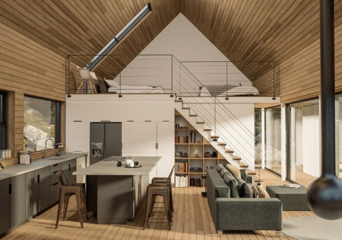 Modernt vardagsrum med öppen planlösning, träpaneler och ett loft ovanför köket. Stora fönster och elegant inredning skapar en ljus atmosfär.