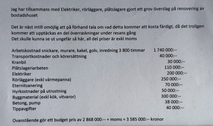 Textdokument med kostnadsöversikt för renovering; inkluderar arbetskostnader, transport, material, och andra utgifter. Totalbudget: 3 585 000 kronor.