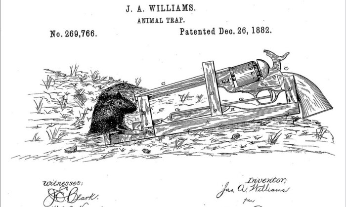 Patentritning från 1882 som visar en djurfälla av J.A. Williams med ett skjutvapen monterat på en träställning.
