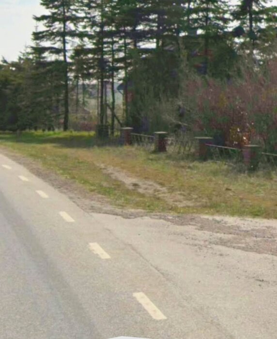 Grusväg med gräsbevuxet område vid sidan av en mur, omgiven av träd och buskar.
