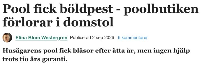 Artikelrubrik: "Pool fick böldpest - poolbutiken förlorar i domstol", publicerad av Elina Blom Westergren.