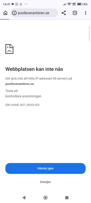 Webbsida laddas inte, felmeddelande “Webbplatsen kan inte nås” med förslag att kontrollera anslutningen, knappen "Hämta igen" synlig.