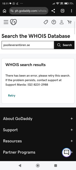 Skärmbild av WHOIS-sökning på Godaddy för "poolleverantören.se" med felmeddelande och uppmaning att kontakta support.