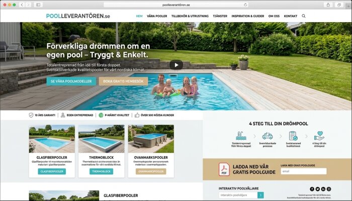 Familj njuter av poolbad i trädgård med solstolar, beskärda buskar och webbplatsens huvudmeny ovan.