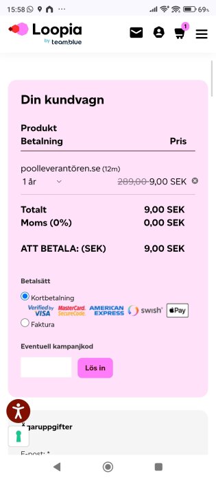 Kundvagn på Loopia med en produkt listad som 1 års abonnemang för domänen poolleverantören.se till priset 9,00 SEK. Betalsätt visas.