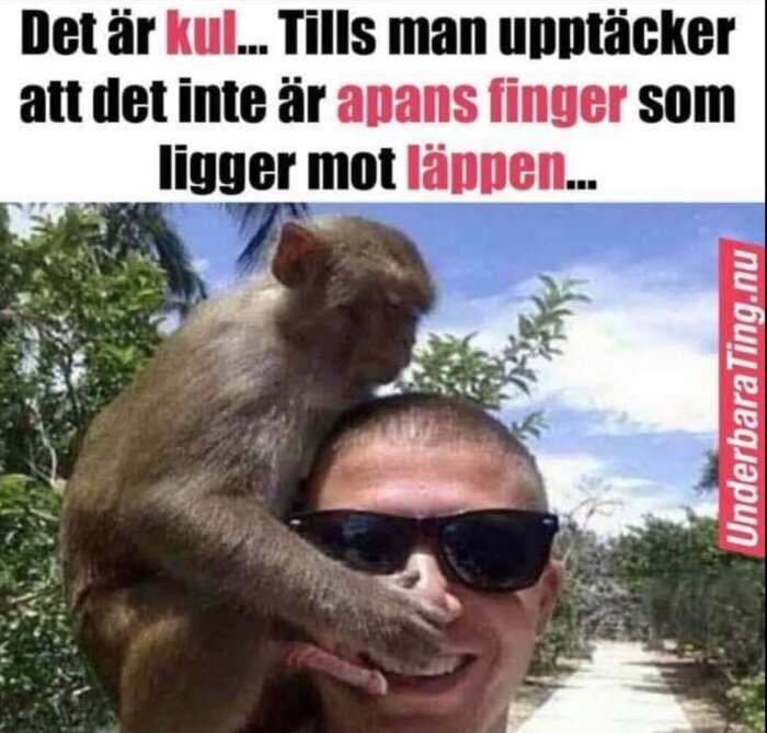En apa sitter på en mans axel och håller sina fingrar framför hans läppar.