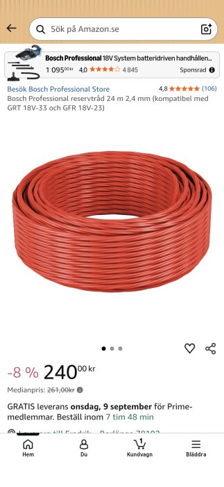Röd reservtråd 24 m lång, 2,4 mm tjock, för Bosch 18V-system, kompatibel med GRT 18V-33 och GFR 18V-23, visad på Amazon.se.