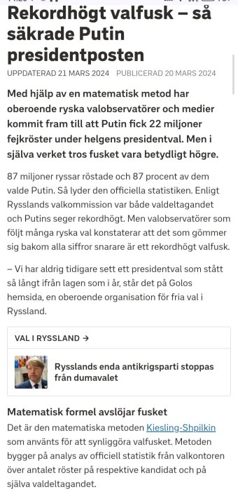 Nyhetsartikel om valfusk där Putin säkrade presidentposten med hjälp av 22 miljoner fejröster, enligt oberoende ryska valobservatörer.
