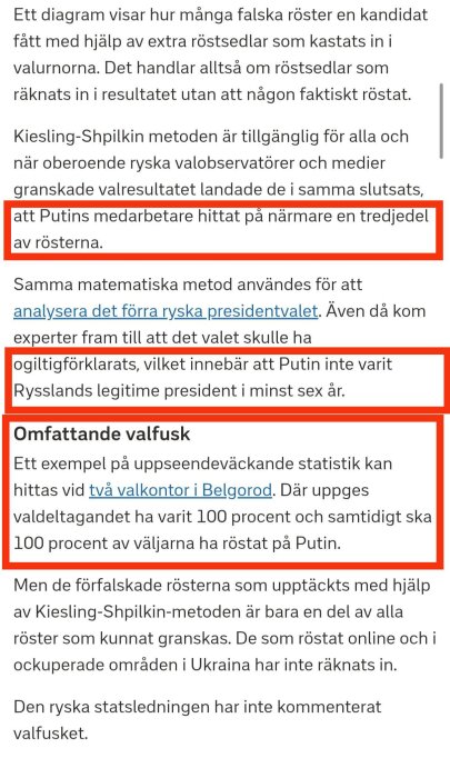 Text markerad med röd ruta om valfusk i Ryssland, med exempel från Belgorod och att en tredjedel av rösterna kan vara falska.