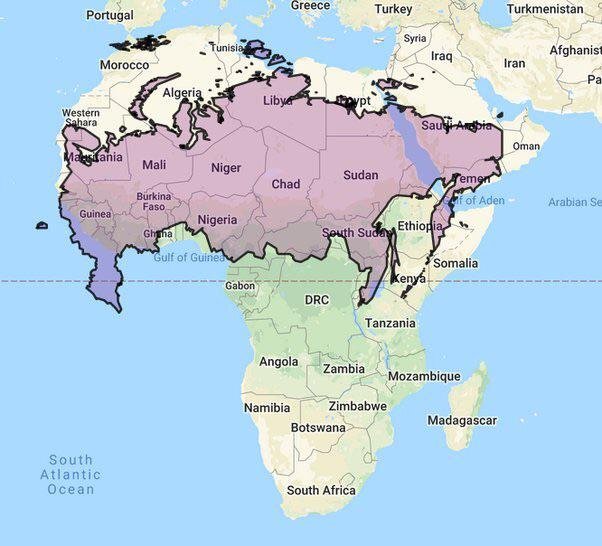 Karta som jämför Rysslands yta med Afrikas, där Ryssland är överlagt över Afrika för att visa storleksförhållandet.