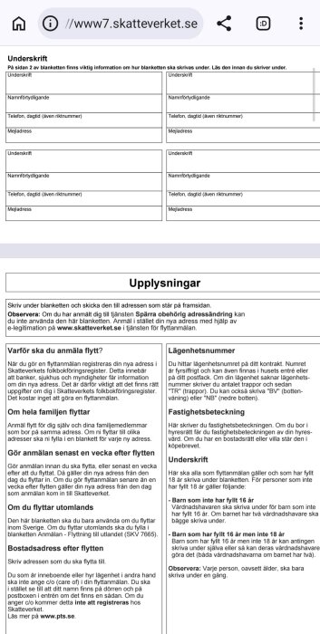 Blankett från Skatteverket med sektion för underskrift och kontaktuppgifter. Information om flyttanmälan och fastighetsbeteckning.