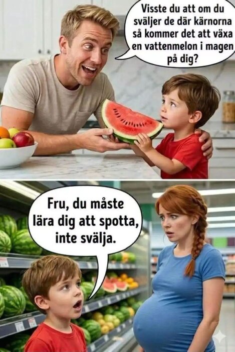 En man ger ett barn en vattenmelonbit och pratar om kärnor. Ett barn pratar med en gravid kvinna om att spotta ut kärnor.