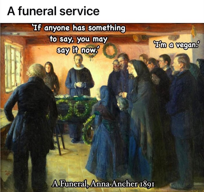 Målning av Anna Ancher från 1891 som visar en begravningsscen i en sal med människor klädda i svart och en kista dekorerad med gröna kransar.