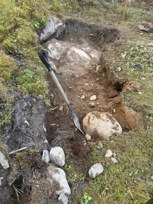 Handgrävd grop med synligt berg och en spade i marken, omgiven av jord och stenar i en grönskande trädgård.