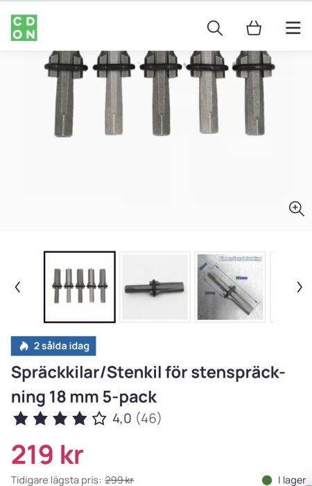 Spräckkilar 18 mm, 5-pack, för stenbrytning. Visas i en produktbild med dimensioner för tydligare förståelse.