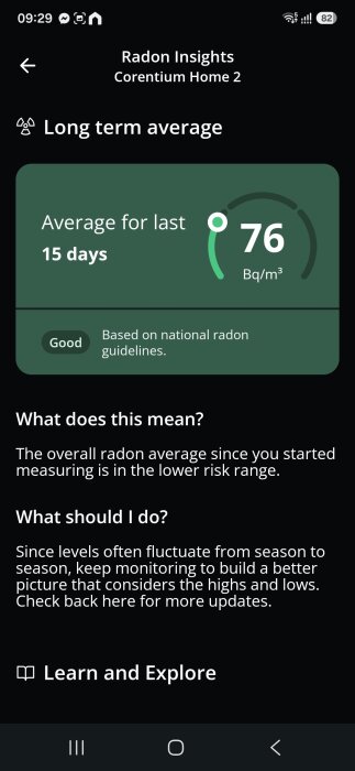 Radonnivåmätning från Corentium Home 2-app visar genomsnittet 76 Bq/m³ över 15 dagar, vilket anses lågrisk enligt nationella riktlinjer.