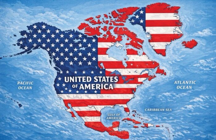 Karta över Nordamerika med USA:s flagga som mönster, täcker hela kartan inklusive Kanada och Mexiko.