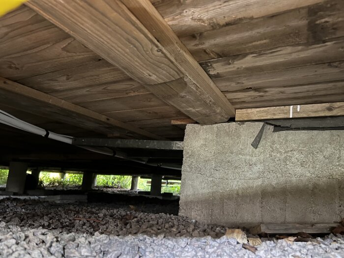 Bjälkar i trä och grusig mark under ett hus, utan tryckimpregnerat virke. Torrt och välskött med grus för att förhindra fukt.