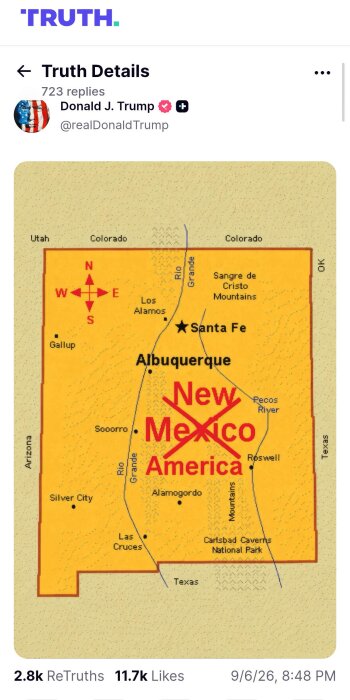 Karta över delstaten New Mexico i USA med städer som Santa Fe och Albuquerque markerade.