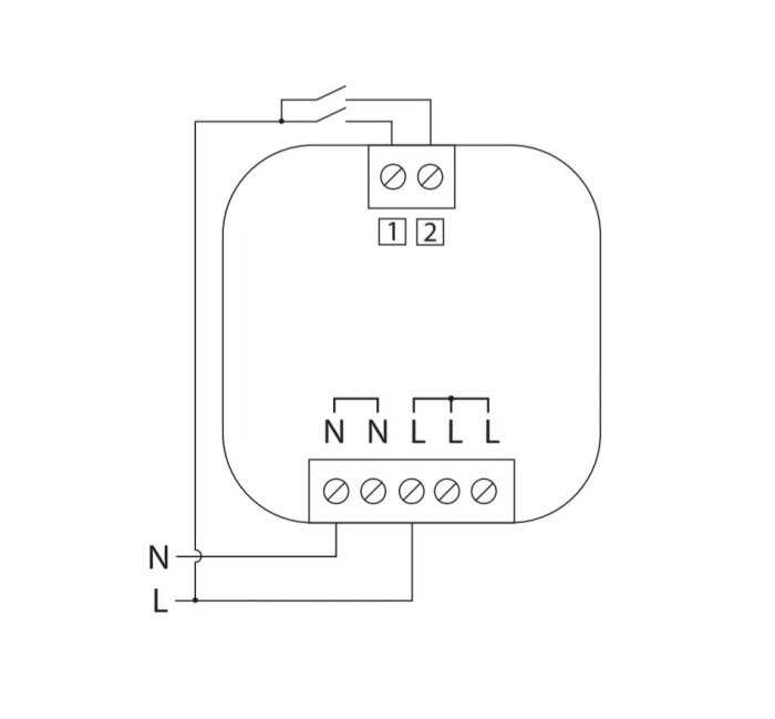 Kopplingsschema för en elektrisk installation med anslutningar märkta N och L samt siffermarkeringar.