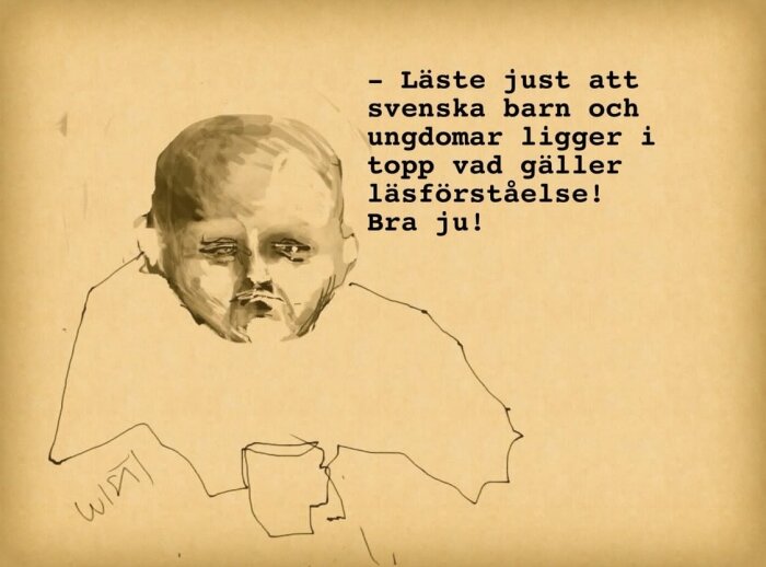 Tecknad bild av en man vid ett bord med en kopp, bredvid text om svenska barns läsförståelse.