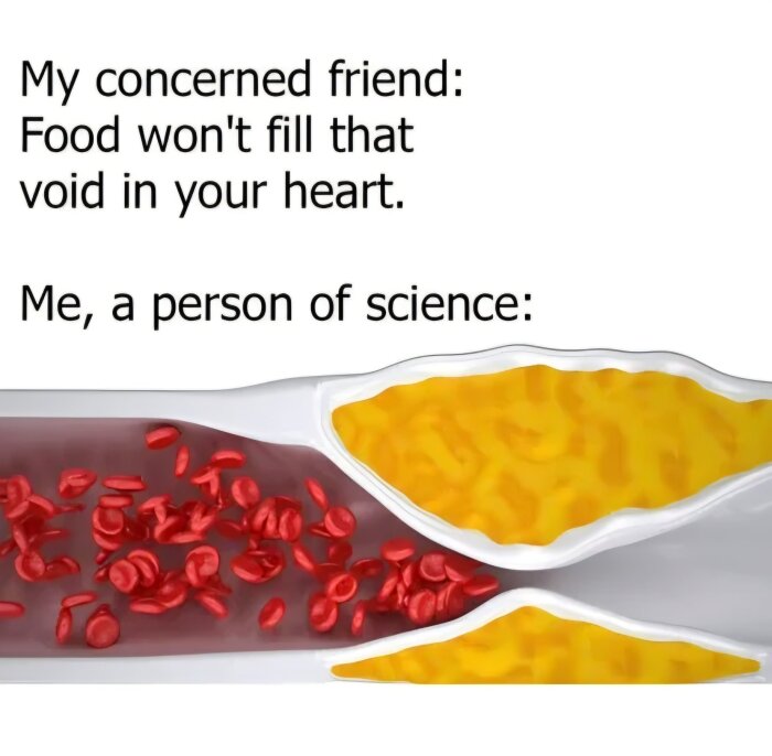 Illustration av en blodåder delad mellan blodceller och pastarätter i en packad plastbehållare, med humoristisk text om vetenskap och mat.
