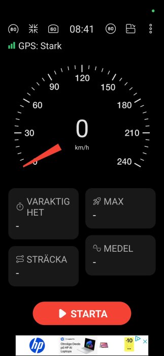 Digital hastighetsmätare på en smartphone med noll km/h, stark GPS-signal och en startknapp längst ner.