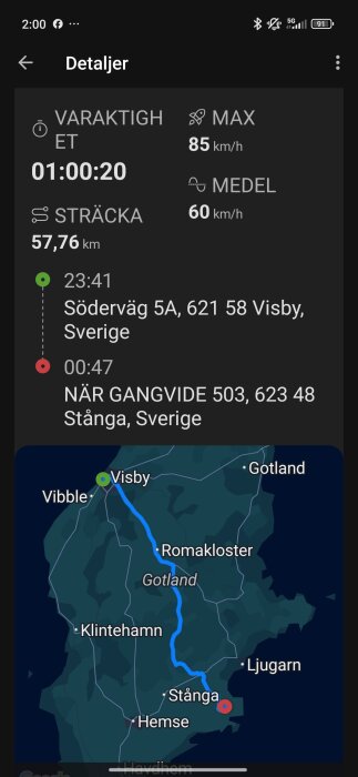 Karta över Gotland med rutt visad från Söderväg 5A, Visby till NÄR GANGVIDE 503, Stånga. Avstånd 57,76 km, tid 01:00:20.