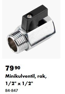 Minikulventil i metall, rak modell, med 1/2" gänga.