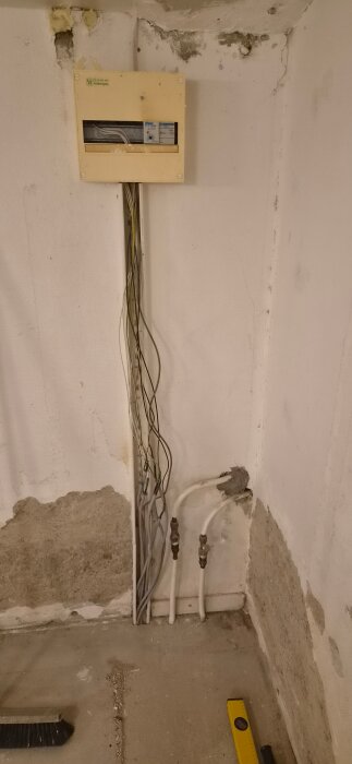 Vägg med gamla rördragningar och kablar i ett huskällare, väggar med sprickor och ett kontrollskåp synligt. Golv av betong, sopborste och vattenpass.