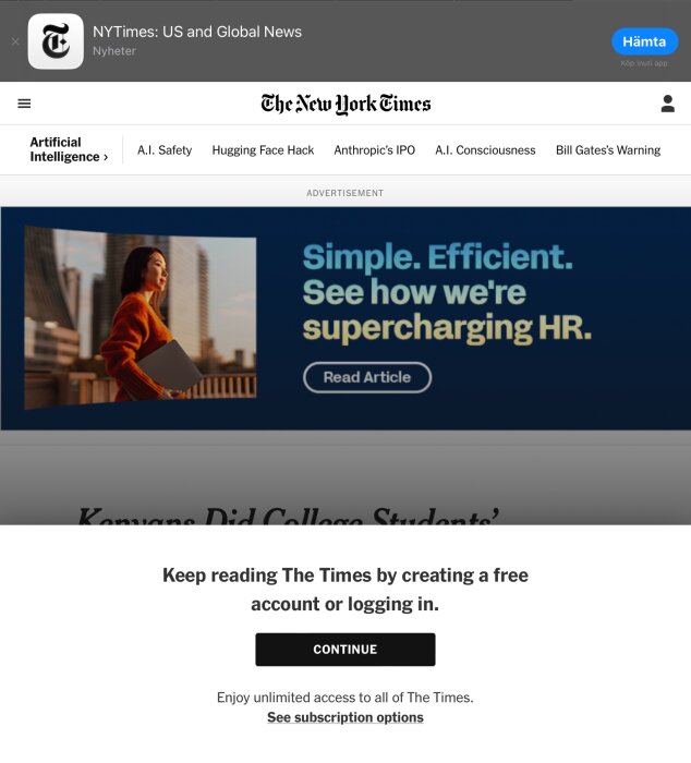 En annons på New York Times webbplats som visar en person i röd tröja med en laptop och texten "Simple. Efficient. See how we're supercharging HR".