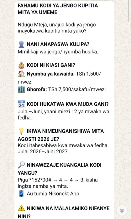 Diskussion om fastighetsskatt i Tanzania via elräkningen, detaljer om kostnader för olika boendetyper och skattens betalningsperiod.