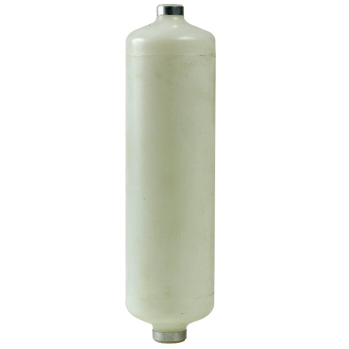 En vit, avlång plastbehållare med metallände, vanligen trycklös när tom.