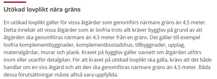 Text om utökad lovplikt nära gräns med information om bygglovskrav för åtgärder som sker närmare än 4,5 meter från en gräns.