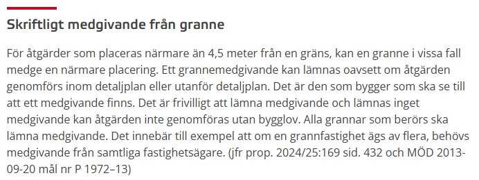 Textblock om skriftligt medgivande från granne för byggnadsåtgärder nära fastighetsgräns, inklusive regler och krav enligt plan- och bygglagen.