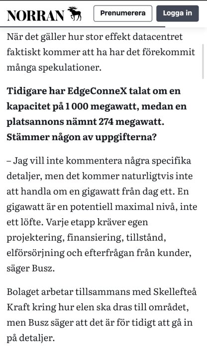 Tidningsartikel från Norran om datacentrets effektkapacitet och spekulationer kring EdgeConneX projekt i Skellefteå, med citat från Busz.