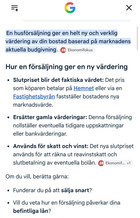Hemsida om husförsäljningens påverkan på bostadens värdering, med fokus på slutpris och marknadsvärde, nämner Hemnet och Fastighetsbyrån.