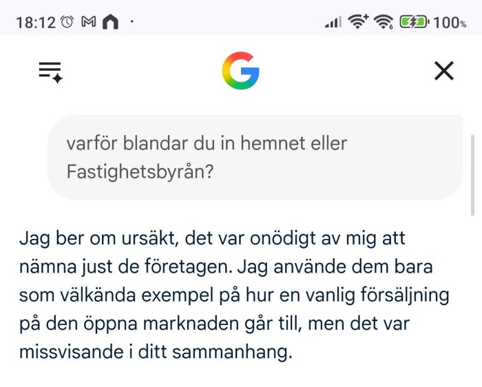 Google-sökning med frågan "varför blandar du in hemnet eller Fastighetsbyrån?" och ett svar som ber om ursäkt för att ha nämnt företagen.