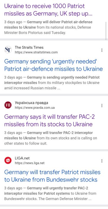 Skärmbild av sökresultat om att Tyskland skickar Patriot-missiler till Ukraina från egna lager, publicerat av flera nyhetskällor.