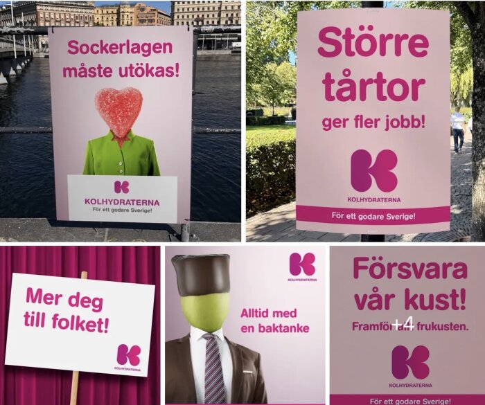 Affischer för ett satiriskt parti, "Kolhydraterna", med slogans om godis och bakverk: "Större tårtor ger fler jobb!", "Sockerlagen måste utökas!".