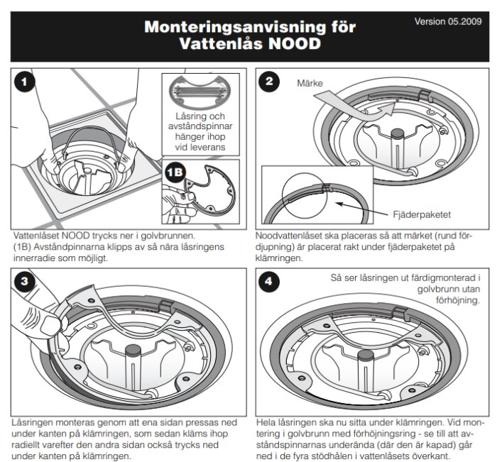 Monteringsanvisningar för NOOD-vattenlås, visar steg för steg hur låsringen monteras i golvbrunnen. Innehåller flera diagram och instruktioner.