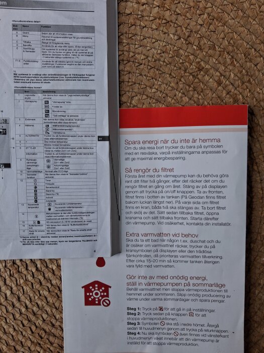 Användarmanual med instruktioner för rengöring av filter och energibesparingstips, inklusive symboler och detaljerad text om värmepumpens funktioner.